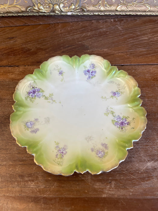 Hand-Painted Cabinet Plate with Green and Gold Toned Ombre Border and
Purple Floral Sprays