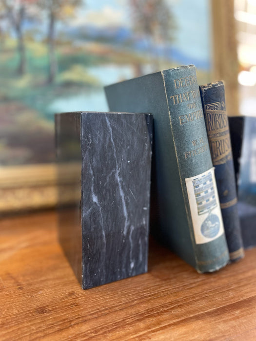 Vintage Black Likely Marble Bookends - Solid Rectangular Pair with White Veining, Mid-20th Century