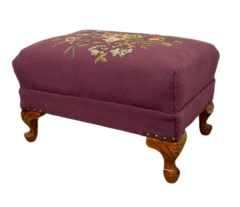 Vintage Upholstered Footstool Ottoman with Floral Needlepoint and Carved Wood Legs
