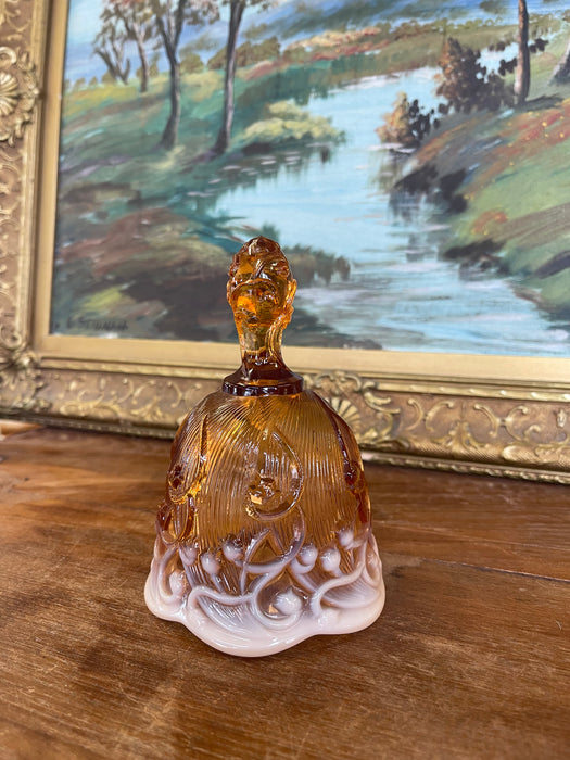 Vintage Amber and White Cased Art Glass Bell with Figural Handle