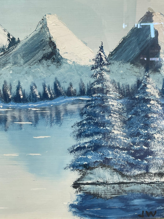 Vintage Framed Snow-Capped Mountain Lake Landscape Painting, Signed, Blue Tonal Scenic Wall Art.