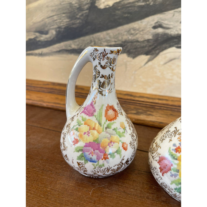 Pair of Vintage White Vases With Flower Motif