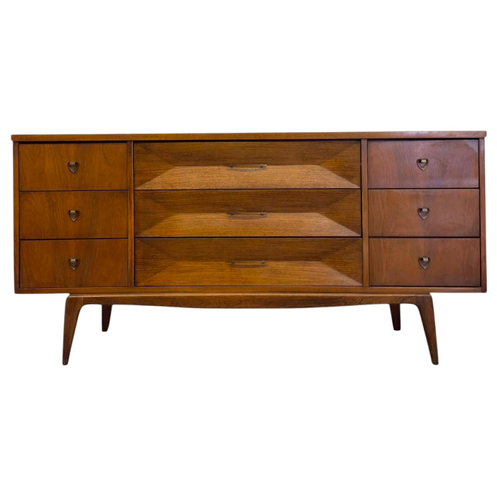 Mid-Century Modern Nine-Drawer Dresser or Credenza with Diamond Faceted Drawers