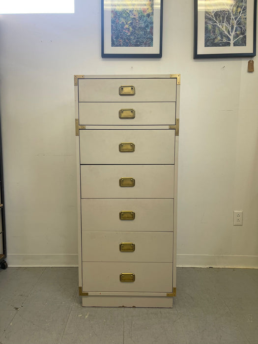 Vintage Hollywood Regency White and Gold Campaign Style Dresser Cabinet.