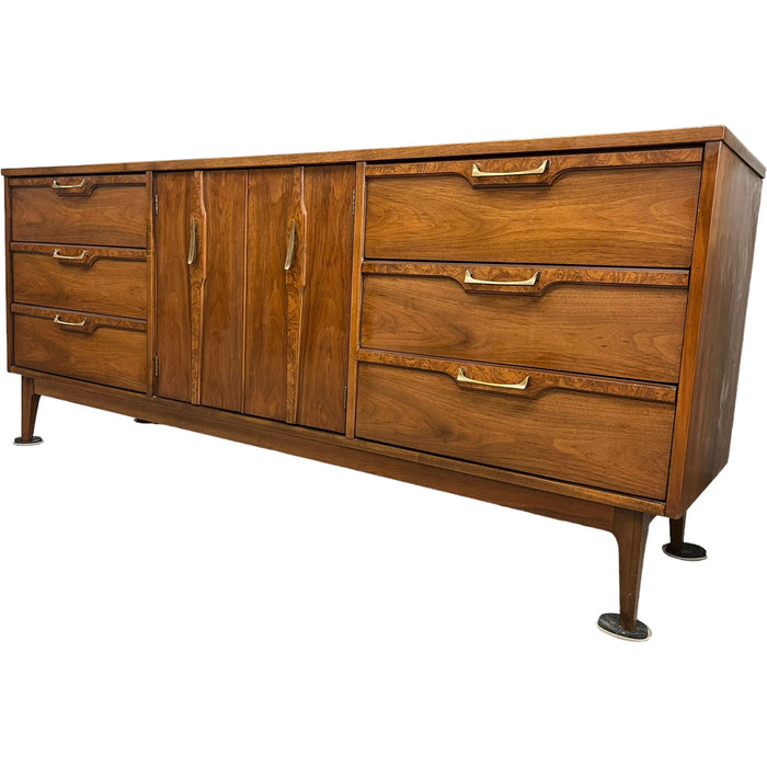 Vintage Mid Century Modern Lowboy 9 Drawer Dresser Sold Walnut Burl Accent Dovetailed Drawers