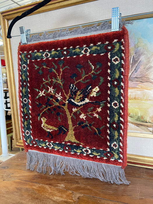 Vintage Handwoven Small Rug with Birds and Tree Motif, Folk Art Accent Mat.