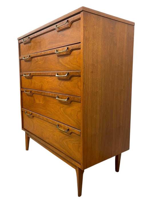 Vintage Mid Century Modern Four Drawer Dresser with Sculpted Drawer Fronts and Brass-Toned Pulls