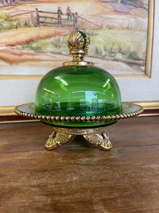 Vintage Green Glass Covered Candy Dish with Pedestal Base and Brass-Toned Mount