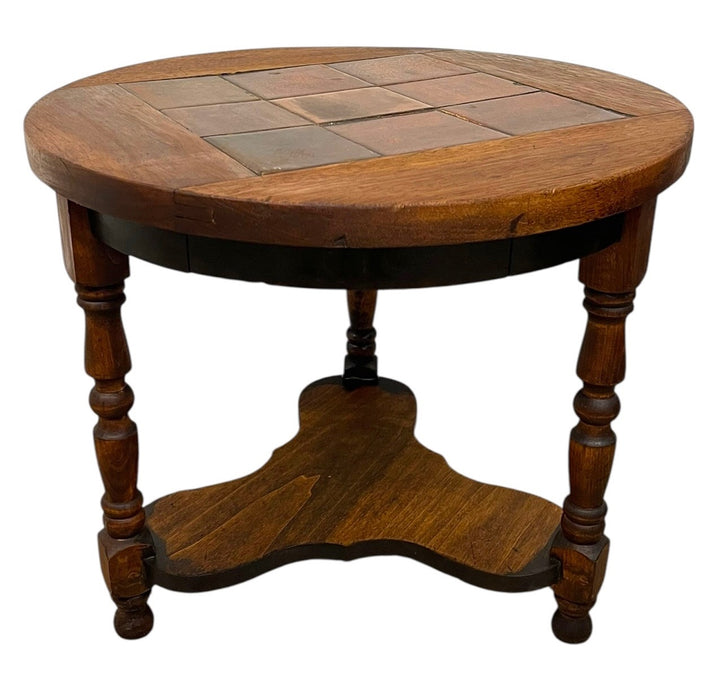 Vintage Arts & Crafts Tile Top Side Table with Turned Legs and Lower Shelf