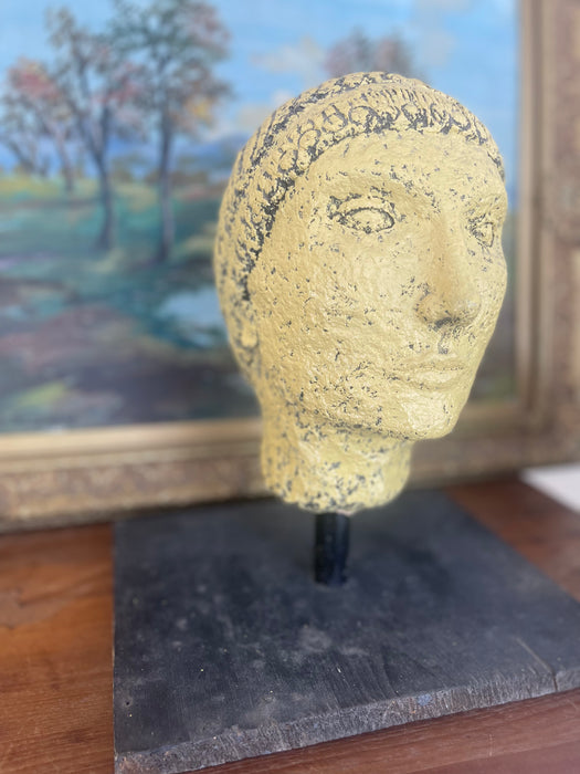 Textured Vintage Papier-Mâché Head Sculpture with hand-painted detailing on Custom stand.