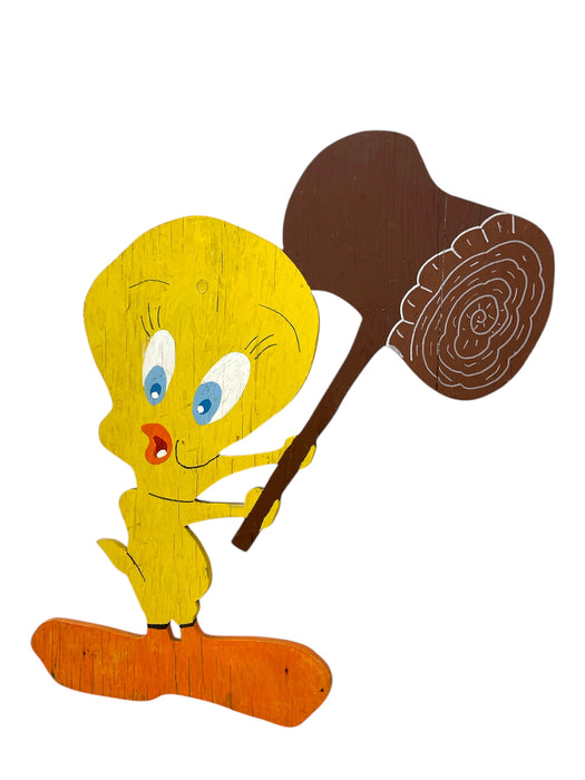 Vintage Hand-Painted Tweety Bird Wooden Cutout Sign with Mallet