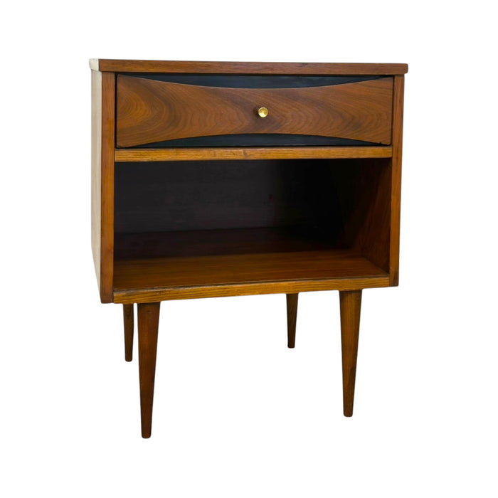Vintage Mid Century Modern Walnut Nightstand with Open Cubby & Drawer