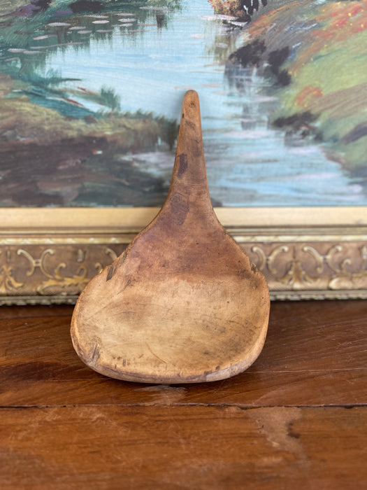 Antique 19th Century Hand-Carved Decorative Wooden Ladle Spoon with Sculptural Curved Handle.