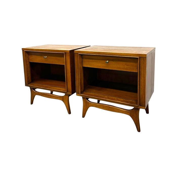 Vintage Mid Century Modern Walnut Nightstands with Sculpted Stretcher Base and Faux Turquoise Handle Inlay- Pair