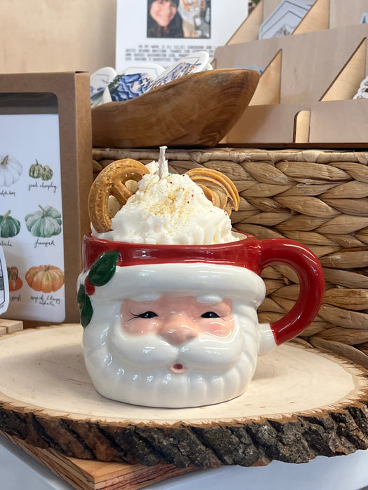 Jolly Ol' Handpainted Ceramic Santa Mug with  Festive Hand Crafted Vanilla Scented Soy Candle Representing Whipped Cream and Pretzels