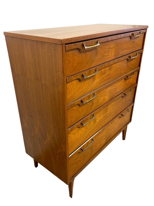 Vintage Mid Century Modern Four Drawer Dresser with Sculpted Drawer Fronts and Brass-Toned Pulls