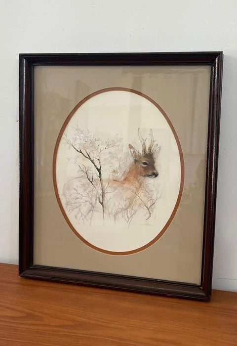 Vintage Original Wood Framed and Signed Deer and Tree Artwork.