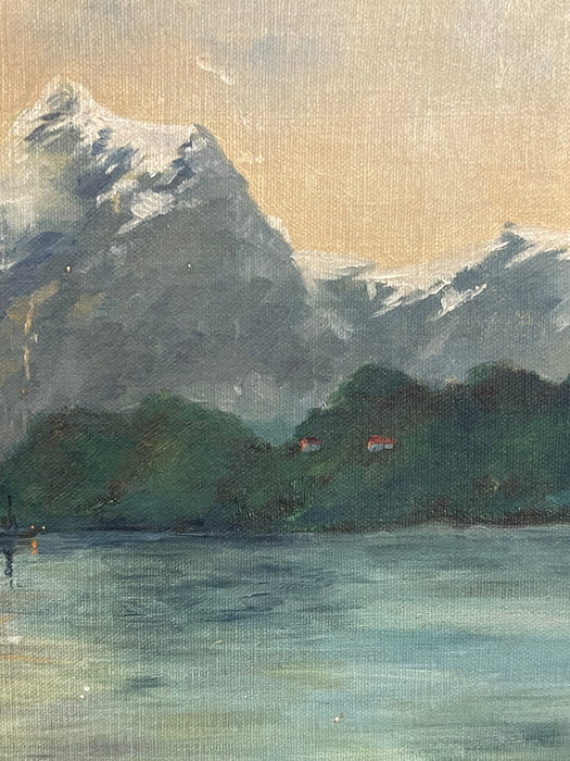 Vintage Framed Mountain Landscape Painting, Snow-Capped Peaks at Sunset, Mid-Century Scenic Wall Art.