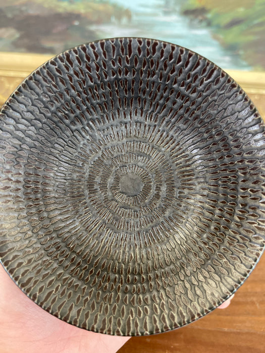 Textured Studio Pottery Bowl in Dark Iron-Glaze Finish with Radiating Pattern