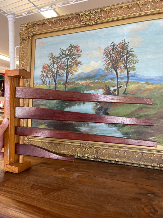 Vintage Wooden Swing-Arm Wall-Mounted Quilt or Towel Rack in Likely Oak and Mahogany.