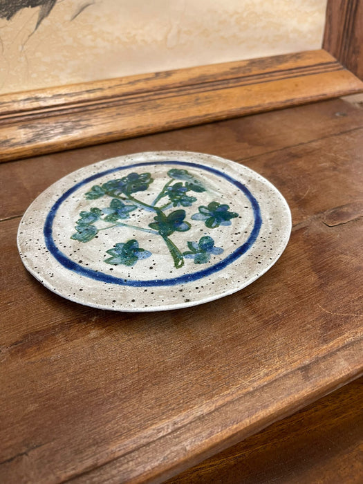 Vintage Signed Ceramic Plate With Blue Floral Motif.