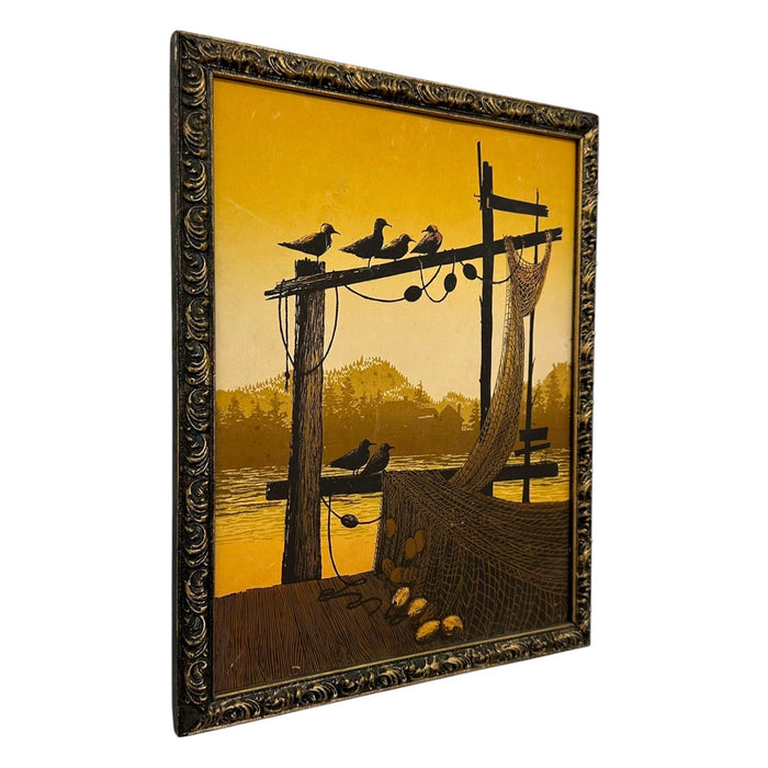 Vintage Walton Butts "Fishnets" Signed Serigraph – Mid-Century Modern Coastal Harbor Silkscreen Print.