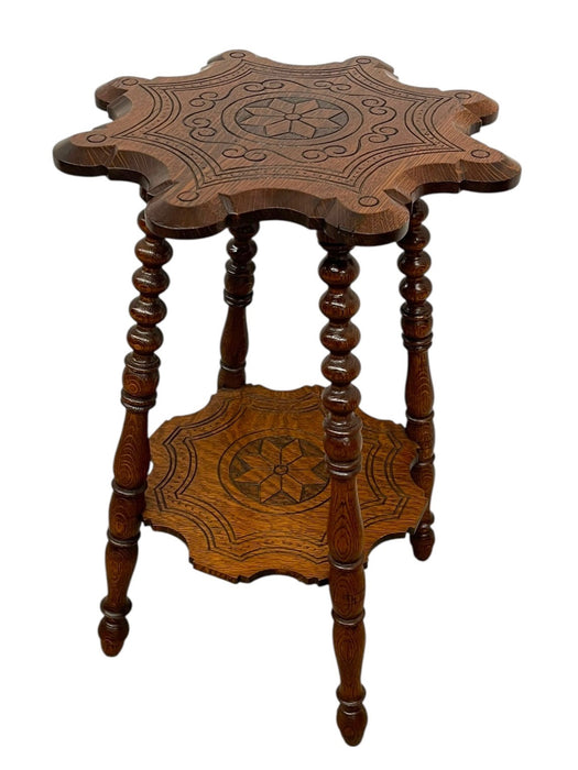 Vintage Carved Occasional Table with Barley Twist Legs and Inlaid Geometric Top & Shelf