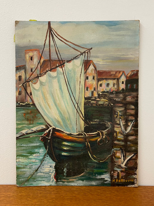 Vintage Impressionist Harbor Scene Painting on Canvas Board, Signed Ferguson, Coastal Sailboat Seascape