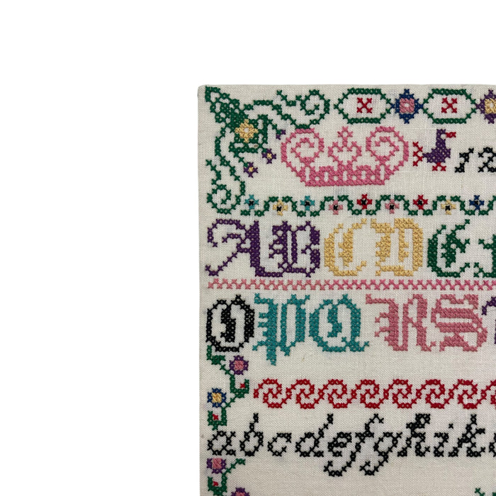 Vintage Hand-Stitched Cross Stitch Alphabet Sampler Needlework Folk Art Textile