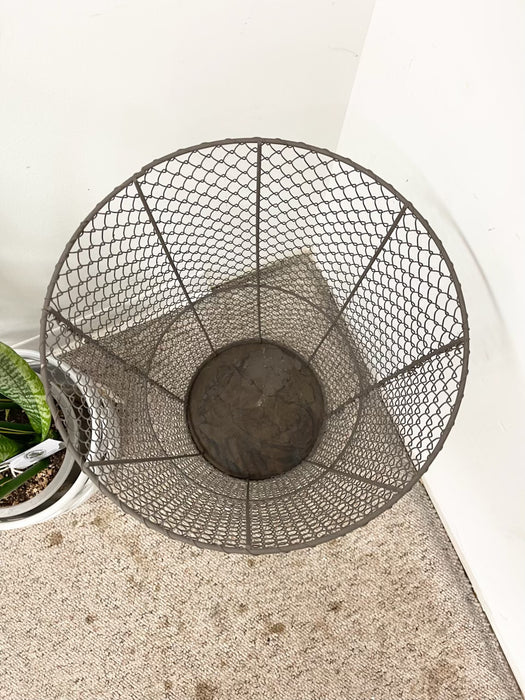 Vintage Industrial Wire Mesh Metal Trash Can / Waste Basket - Tapered Cylindrical Open-Top Bin