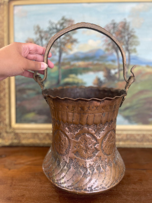 Possibly 19th Century Hand-Hammered Copper and Brass Toned Ash Bucket with Repoussé and Pierced Decoration.