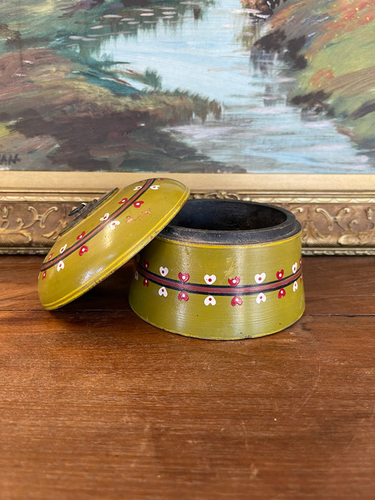 Vintage Hand-Painted Lacquered Wood Lidded Box with Heart Motif