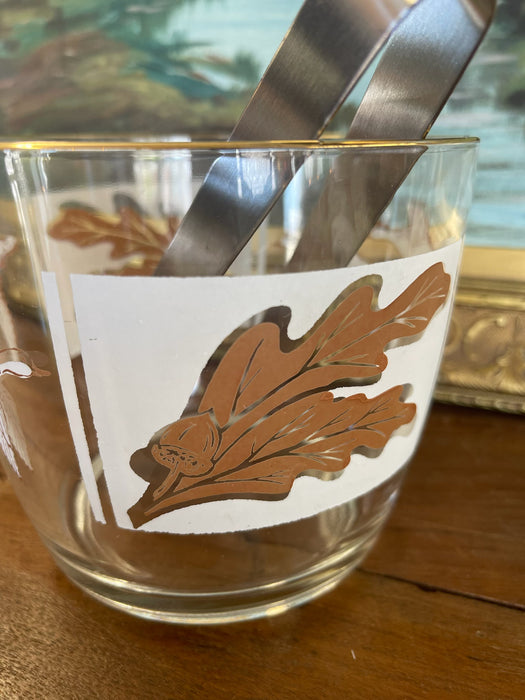Mid-Century Ice Bucket with Ducks in Flight and Oak Leaf Motif, Gold Rim, and Stainless Steel Tongs - 1960s Sporting Barware.