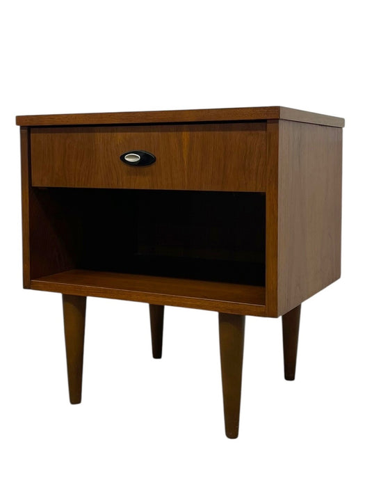 Vintage Mid Century Modern One Drawer Nightstand with Open Shelf and Tapered Legs