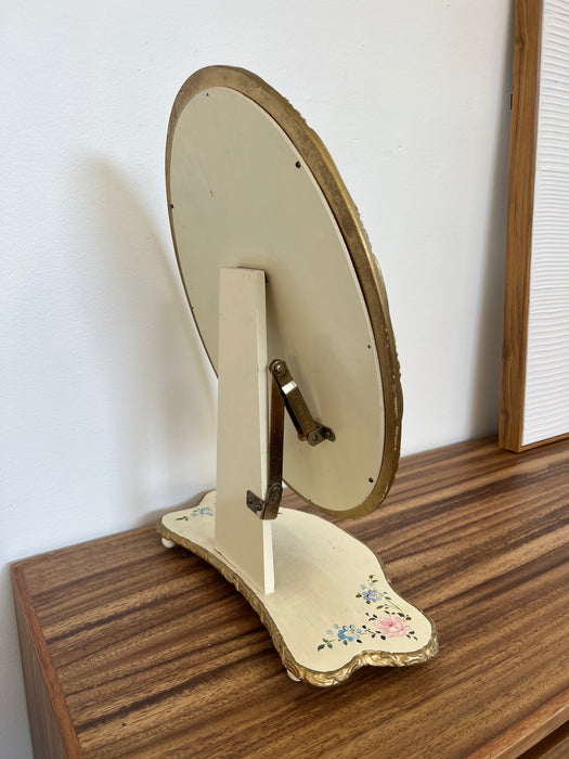 Vintage French Provincial Vanity Tilting Mirror - Hand-Painted Floral Oval Shabby Chic Tabletop with Gold toned accents Hollywood Regency Decor(Available by online purchase only)