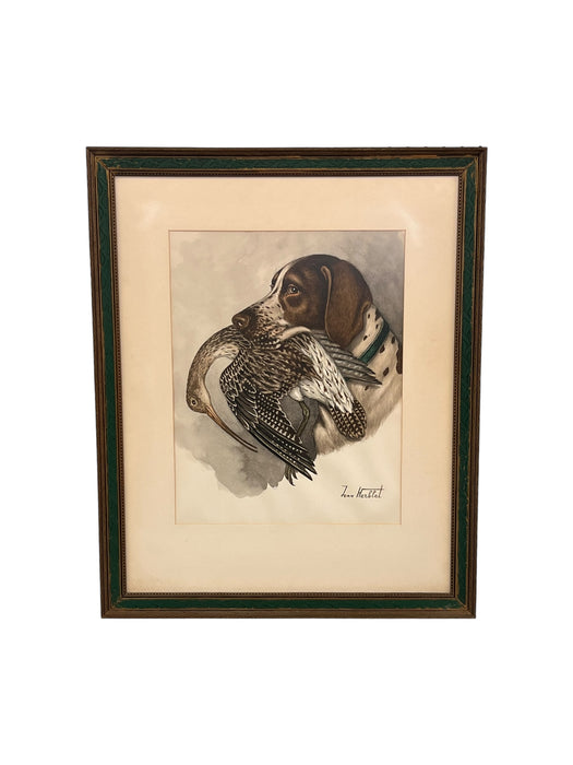 Original Hunting Dog with Foul Watercolor Painting by French Artist and Cartoonist Jean Herblet Signed