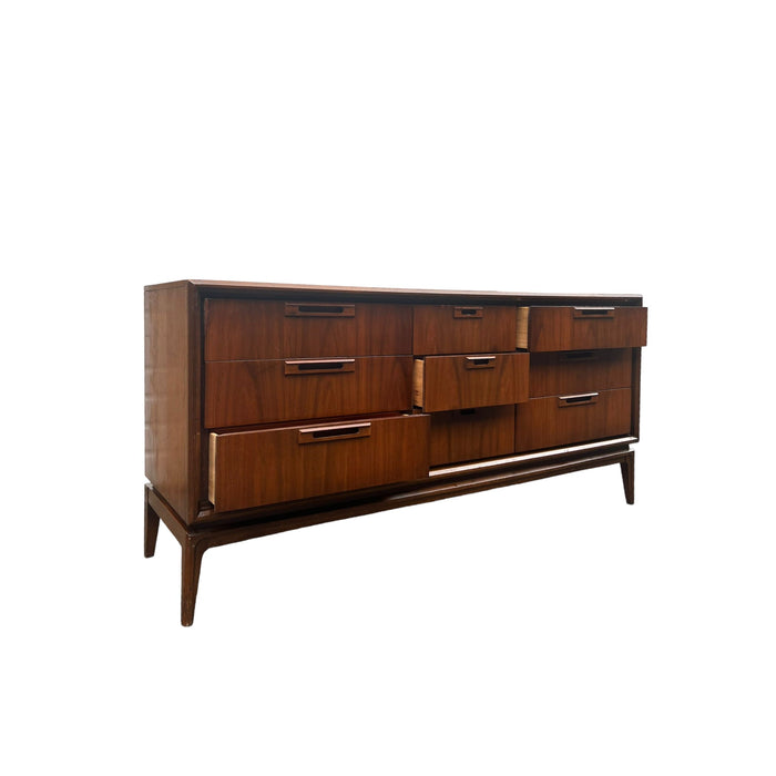 Vintage Mid Century Modern Solid Walnut 9 Drawer Dresser Recessed Pulls by Stanley (Available by Online Purchase Only)