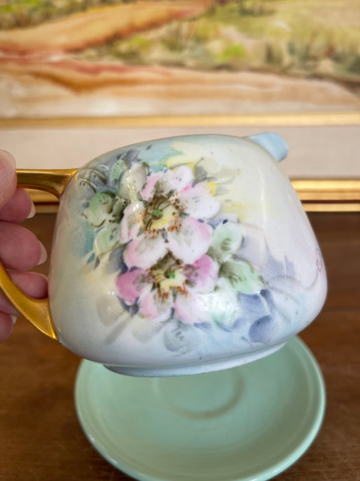 Vintage Hand-Painted Floral Creamer and Saucer Set with Gold Trim