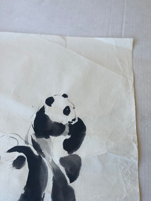 Vintage Chinese Brush Painting of Panda Family by J.P. Gaston - Sumi-e Style Wildlife Ink Art on Rice Paper.