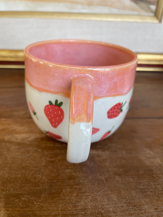Handmade Wheel-Thrown Ceramic Strawberry Mug with Peach Glaze Interior