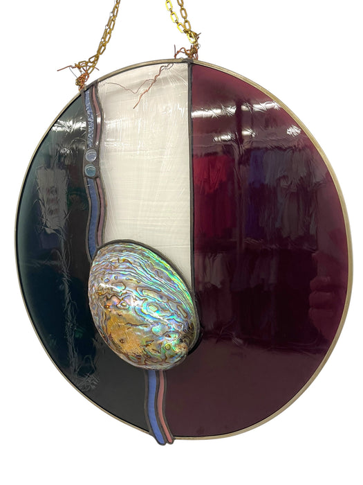 Vintage Signed Stained Glass Round Panel with Abalone Shell, Hanging Wall Art Suncatcher