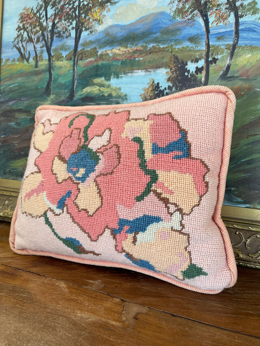 Handmade Needlepoint Floral Pillow with Pink Corduroy Backing - Accent Cushion, Made in Seattle