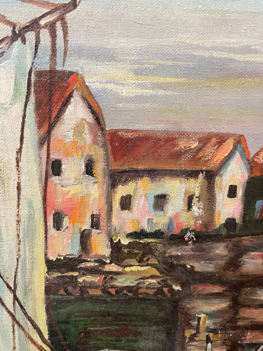 Vintage Impressionist Harbor Scene Painting on Canvas Board, Signed Ferguson, Coastal Sailboat Seascape