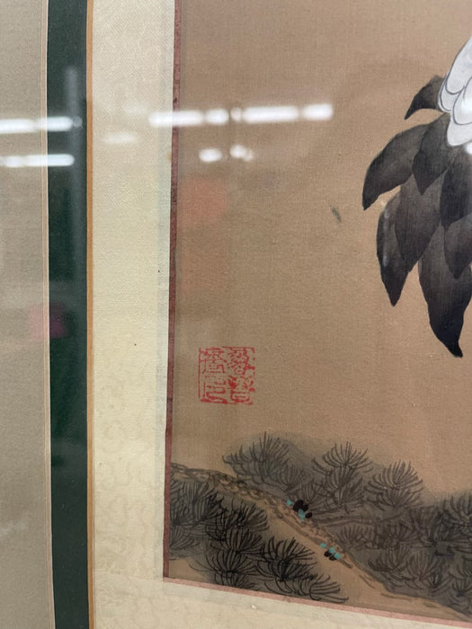 Framed Asian Crane Bird Artwork with Red Seal, Double-Matted Wood Frame, Vintage Decorative Wall Art