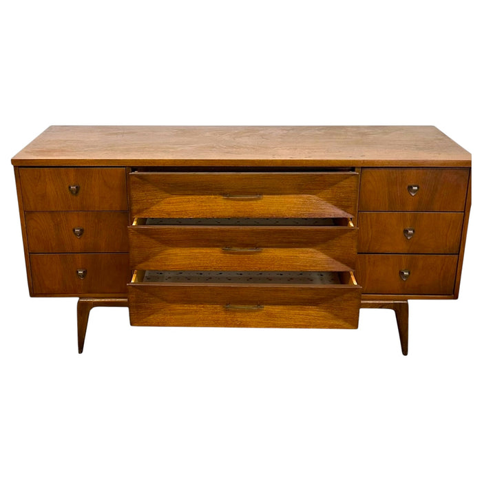Mid-Century Modern Nine-Drawer Dresser or Credenza with Diamond Faceted Drawers