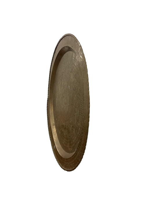 Large Decorative Engraved Brass-Toned Tray with Scalloped Edge and Figural Motifs