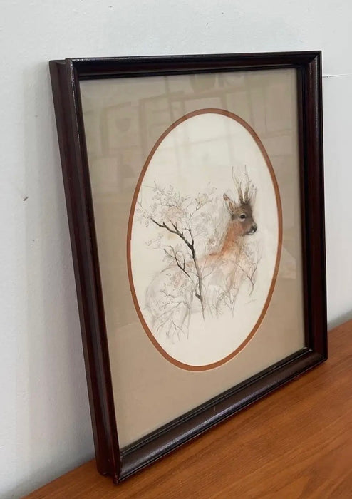 Vintage Original Wood Framed and Signed Deer and Tree Artwork.