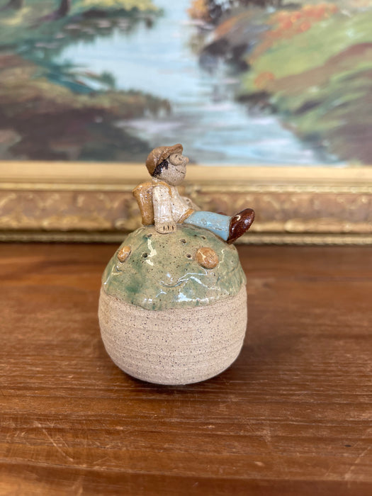 Handmade Studio Pottery Incense Holder with Seated Figure Sculpture, Signed
1976