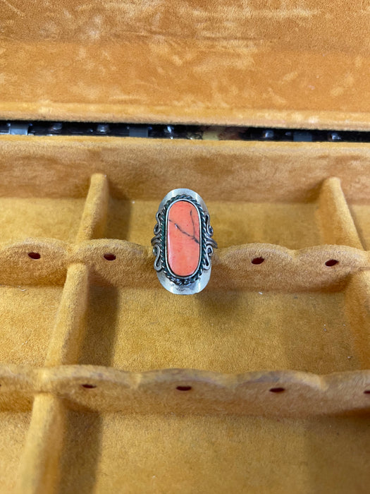 Vintage Adjustable Ring with Oval Orange Stone and Scrollwork Setting