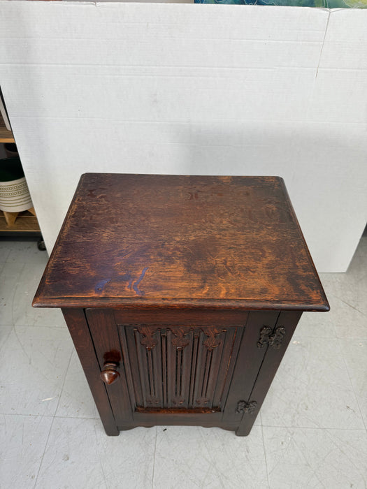 Vintage UK Imported Accent Table or Side Cabinet with Welsh Influences Carved Possibly Oak Door with Drop Hinges Dark Stained Wood